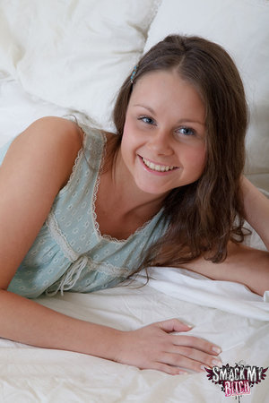 18 year old beauty Kaci Starr stripping off satin bra and panty set